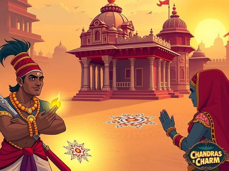 Chandra S Charm Rajasthan level showing Chandra in front of a mirror-work fort with desert background