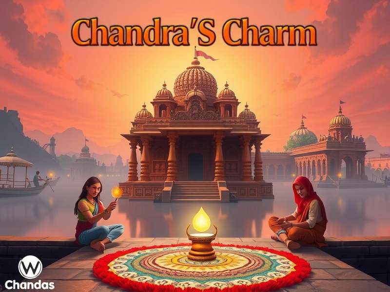 Chandra S Charm gameplay showing Chandra solving a rangoli puzzle in front of a temple in Madurai